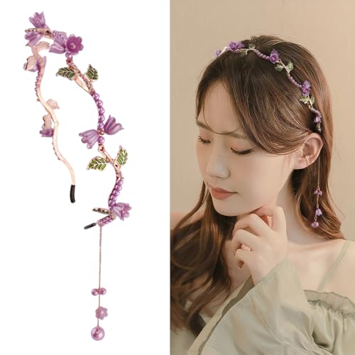 AHONEY Purple Flower Headband for Women Rapunzel Girls Hair Vine Gold Leaf Boho Headband Wedding Fairy Hair Accessories Headpiece - color: Purple