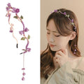 AHONEY Purple Flower Headband for Women Rapunzel Girls Hair Vine Gold Leaf Boho Headband Wedding Fairy Hair Accessories Headpiece - color: Purple