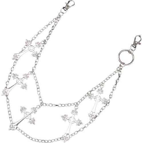 Layered Pants Chain for Men Women Punk Chain Hip Hop Jewelry Clothing Accessories Vintage Jeans Chains - style: Silver two layered five crosses