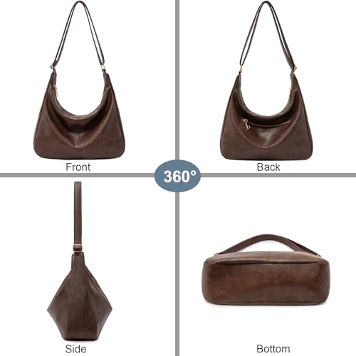 Hobo Bags for Women Foldable Vegan Leather Shoulder Handbag Slouchy Tote Crossbody Purses - color: Dark Brown
