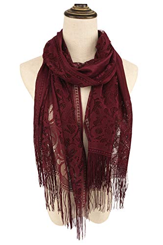 YOUR SMILE Ladies/Women's Lightweight Solid Color Fringe Lace Tassels Long Shawl Scarf For Spring Summer Fall - color: Burgundy