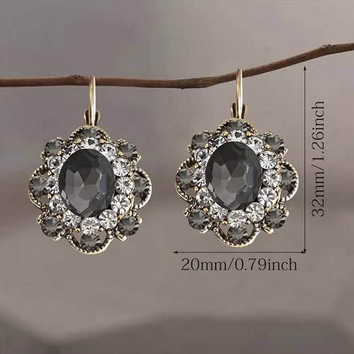 Handmade Bohemian Vintage Gold Sparkly Crystal Round Flower Leverback Earrings Cute Rhinestone Geometry Dangle Drop Earring for Women - color: Grey