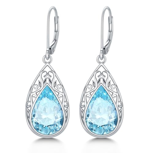 POIUY Gifts for Women Hypoallergenic Teardrop Filigree Birthstone Leverback Dangle Earrings 18K White Gold Fashion Jewelry Anniversary Wedding Birthday Gifts for Women Daughter Sister Girlfriend Wife - style: 3-March Birthstone Earrings