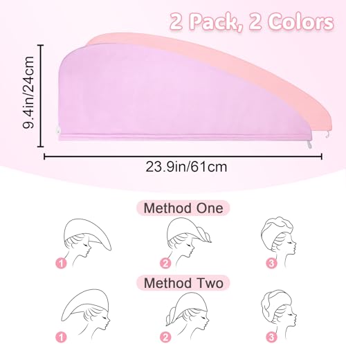 Basumee Microfiber Hair Towel Wrap for Kids 2 Pack Rapid Drying Hair Towel with Button Hair Turbans for Wet Hair Wraps Head Towel Wrap for Women and Girls - color: Purple Pink