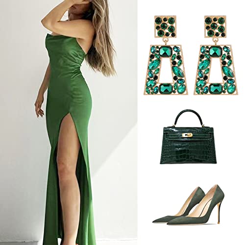 Rhinestone Rectangle Statement Earrings Colorful Crystal Geometric Drop Dangle Earrings for Women Prom Party - color: Green