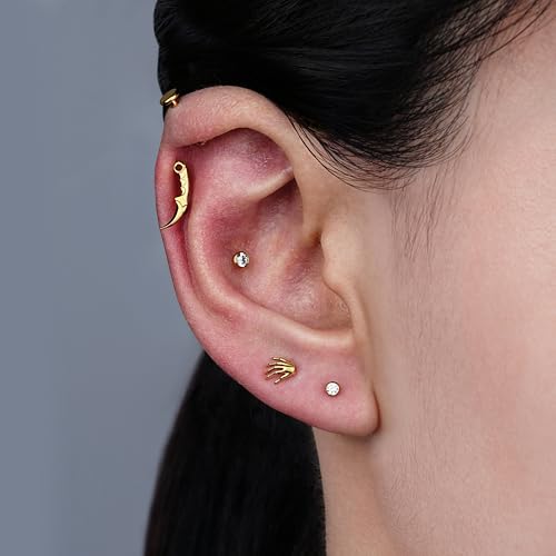 FINE4U 1PC ASTM F136 Titanium Internally Threaded Piercing Jewelry Stud 16G 6mm 8mm for Helix, Tragus, Conch, Flat - color: Dagger - Gold