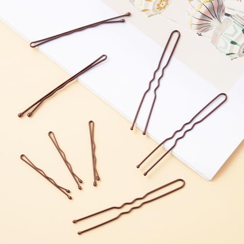 QIUTIMIY 300 Pcs Brown Wave-Shaped and U-Shaped Bobby Pins Mix Metal Hair Pins Hair Accessories for Women Stylists Hair Sticks Girl - color: Brown, size: WU-Multi1