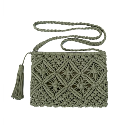Eiyye Handmade Crochet Purse Boho Cotton Rope Crossbody Shoulder Bag with Tassel Casual Bag for Women - color: Green