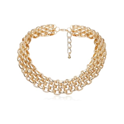 Layered Chain Necklace, Gold Tone Metal, Chunky Link Statement Choker, Punk Style Collar Necklace with Adjustable Clasp - color: silvery