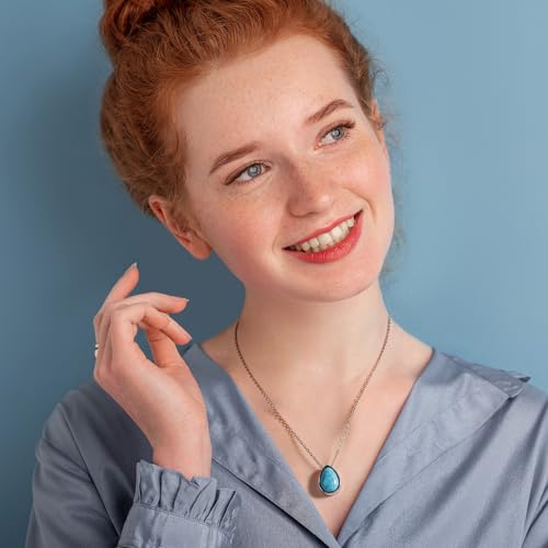 Turquoise Teardrop Necklace for Women – Silver Teardrop Turquoise Necklace with Genuine Stone, Silver Boho Gemstone Jewelry for Gift