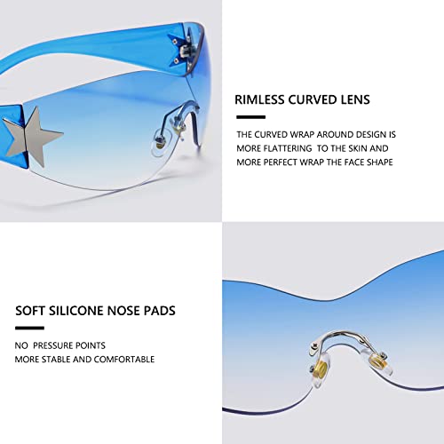 Rimless Y2K Sunglasses for Women Men Wrap Around Fashion Sunglasses Oversized Frameless Trendy Sun Glasses - color: Gradient Blue Lens/Blue Frame