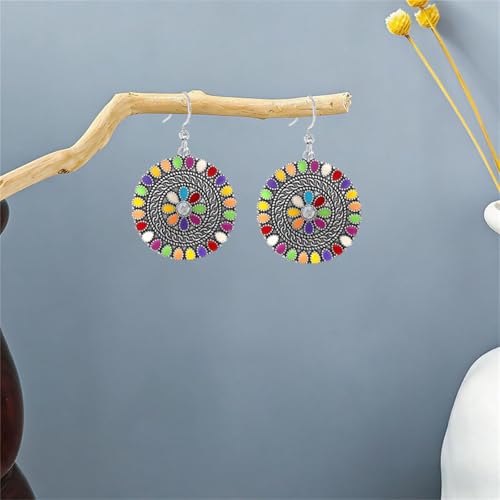 MALOYANVE Vintage Boho Circular Flower Dangle Earring, Handmade Bronze Tribal Round Enamel Floral Drop, Bohemian Ethnic Statement Jewelry Gift for Women - color: Silver Muticolor