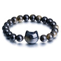 Beaded Bracelets for Women, Black Obsidian Money Attraction Bracelet, 8mm Healing Relax Anxiety Luck Crystal Bead Bracelets, Adjustable Jewelry Feng Shui Stretch Bracelet Cat Lover Gifts for Women Men - color: Black Cat