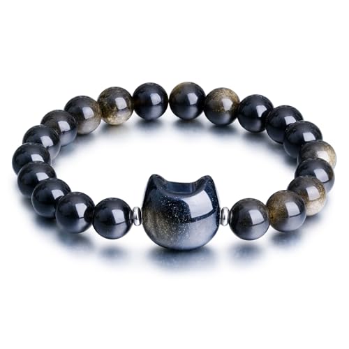 Beaded Bracelets for Women, Black Obsidian Money Attraction Bracelet, 8mm Healing Relax Anxiety Luck Crystal Bead Bracelets, Adjustable Jewelry Feng Shui Stretch Bracelet Cat Lover Gifts for Women Men - color: Black Cat