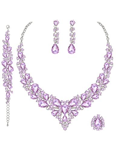 CSY 4 Pcs/Set Austrian Crystal Necklace Earrings Bracelet Ring Bridal Jewelry Sets for Brides Wedding Party Costume Accessories Gifts for Women - color: white gold plated-violet