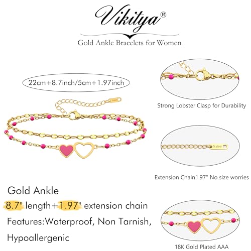 Summer Beach Jewelry Gift-Layered Gold Ankle Bracelets for Women - Waterproof 18k Gold Plated Hot Pink Heart Anklets Non Tarnish Come with Box - color: Double Heart