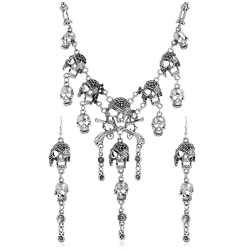 Pingyongchang Vintage Pirate Skull Tassel Charm Necklace and Skull Bracelet Lady Horror Necklace for Women - color: Set 2