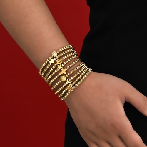 ÌF ME 16 PCS Gold Bead Bracelet for Women, Gold Beaded Stretch Plated Stackable Strand Bead Ball Bracelets stack Adjustable Jewelry Set for Gifts - color: 9 PCS Gold