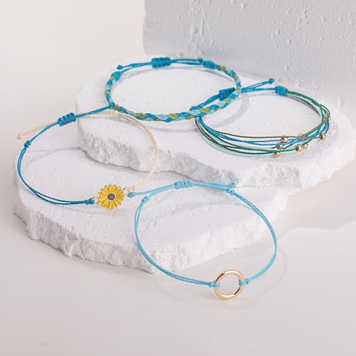 FANCY SHINY Easter Gifts Basket Stuffers Sunflower String Bracelet Boho Braided Rope Wrap Bracelets Cute Summer Beach Surfer Jewelry for Women - color: Blue/Green