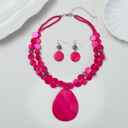 Big Teardrop Pendant Necklaces for Women Colorful Beaded Necklaces Statement Set for Holiday. - color: Hot Pink