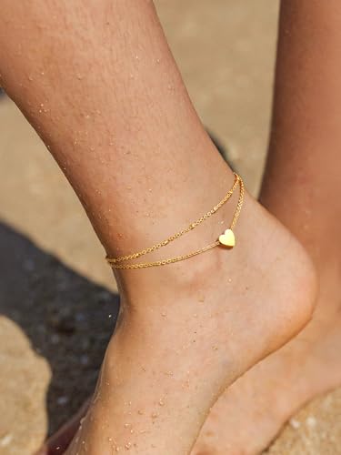 FindChic Stainless Steel Ankle Bracelets for Women, Waterproof Figaro/Cuban/Box/Beaded Chain Anklets, Summer Beach Foot Jewelry, 8.5''-10.5'' Adjustable Length, with Gift Box - style: Layered Heart Charm-Gold