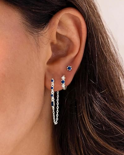 3 Pairs Small Earring Stacks, 14K Gold/Silver/Black/Rose Gold Plated Pearl Heart Butterfly Star Diamond Charm Drop Huggie Earrings Trendy Jewelry Gift for Women - color: Silver-Blue Chain