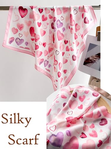 Silky Scarf for Women Lightweight Satin Bandanas Neck Hair Wrap For Sleeping Head Scarves 27.5" - color: A24 Pink Heart /27.5"