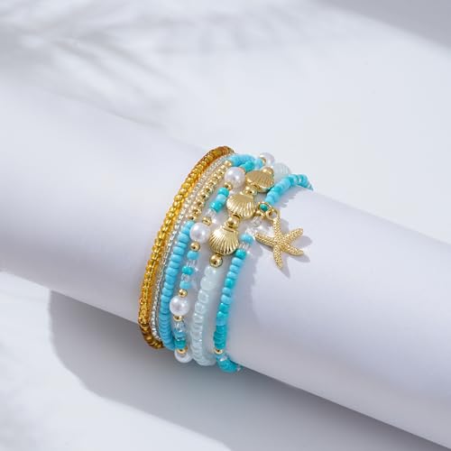 Shell Bracelet Seashell Boho Beaded Stretch Bracelets for Women Summer Beach Bracelets Starfish Charm Bracelet Stackable Gold Plated Bracelets Set for Women - color: f-blue