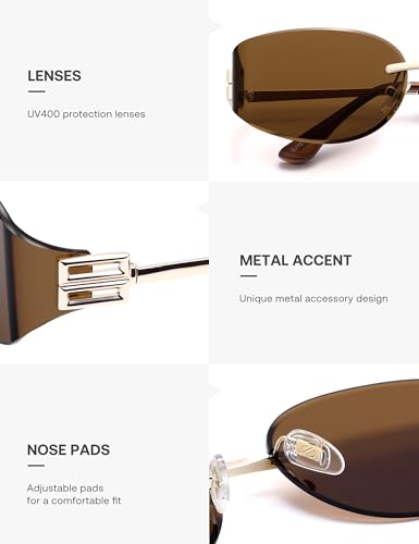 SOJOS Trendy Oval Sunglasses for Women,Fashion Rimless Metal Sun Glasses Y2K Style UV400 Protected SJ1271 - color: Brown