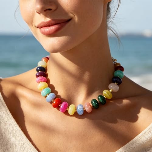 Chunky Beaded Statement Necklace for Women Trendy Colorful Boho Resin Bead Choker Necklaces Summer Handmade Jewelry Gifts Accessories - color: Colorful - 4