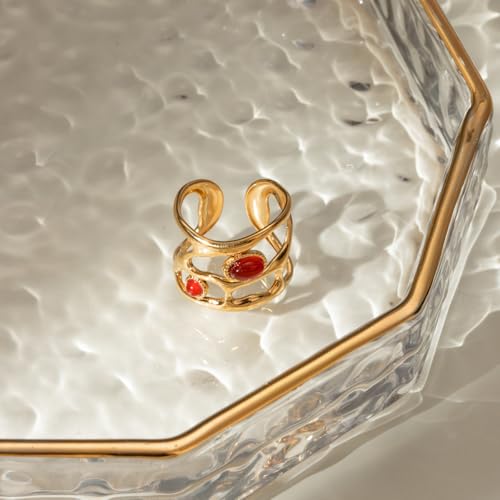 Boho Red Heart Gold Band Rings Pearl Ring, Dainty Adjustable Statement Rings, Open Wrap Stackable Finger Ring Gold Fashion Jewelry Gifts for Women - color: Gold Hollow Ring - Ruby