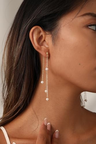 NECOCY Gold Dangle Earrings for Women Non Tarnish 14K Gold Plated Drop Wedding Hypallergenic Earring Dainty Long Hanging Chain CZ Pearl Threader Earrings Trendy Silver Plated Jewelry for Women - style: Gold&Style19