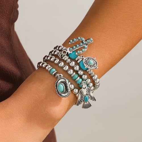 Long tiantian Western Turquoise Beaded Bracelet Set for Women Stackable Cowgirl Bracelets Boho Concho Jewelry Country Concert Rodeo Outfit Accessories Gifts - color: C2:western bracelet for women