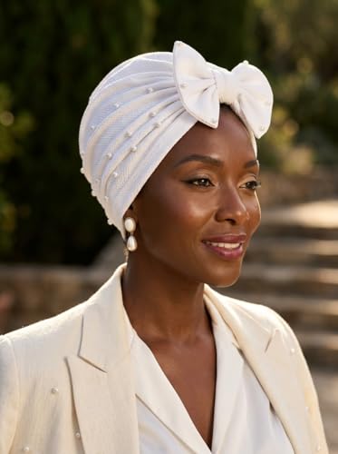 Bohend Stretchy Bowknot Turban Headband Elastic Cap Non Slip Bonnet Beanie Headwrap Hats for Women and Girls - color: White