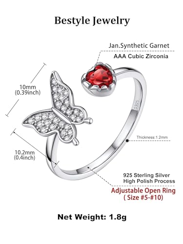 Bestyle 925 Sterling Silver Butterfly Ring Hypoallergnic Adjustable Birthstone Rings for Women Butterfly Jewelry Gifts for Anniversary Mothers' Day Birthday - color: 01.January (Garnet)