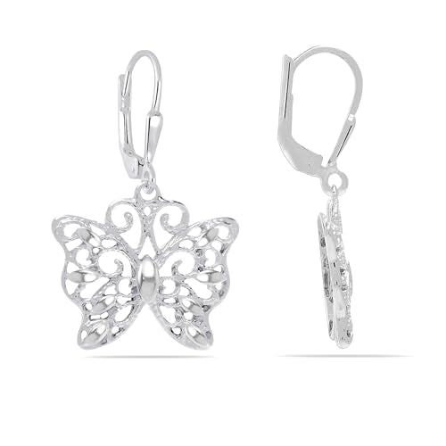 LeCalla 925 Sterling Silver Leverback Drop Earrings | Lightweight Italian Teardrop Dangle Earring for Women - color: Butterfly Filigree Drop