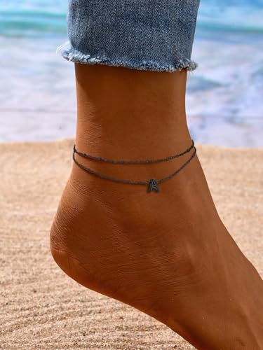 FaithHeart Initial Ankle Bracelets for Women, Waterproof 14k Gold Plated Initial Anklets Non Tarnish Stainless Steel Cute Layered Anklet Summer Beach Jewelry - color: Black, size: Initial A