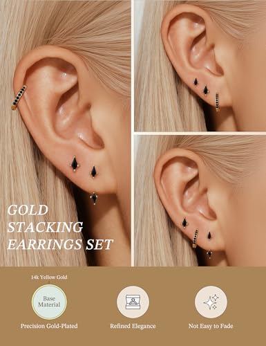 GEORGE · SMITH Stackable Kite Stud Earrings Set for Women, Gold & Silver Huggie Birthstone Jewelry with Emerald Green & Blue Sapphire, Trendy Earrings for Women 2025 - color: Gold,Black CZ