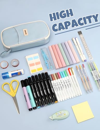 SUNEE Cute Pencil Case, Aesthetic Pen Pouch, Colored Large Pencil Bag with Zipper, Kawaii Stationery Storage and Organizer, School Supplies for Teen and Adult Girls, Blue - color: Blue