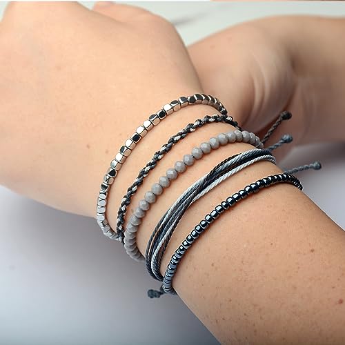 Mezcla Vida Handmade Waterproof Rope Bracelets Pack String & Beaded Bracelet Stack - Set of 5 Stackable Bracelets For Women, Summer Accessories & Bohemian Bracelets for Teen Girls - color: Mixed Grey