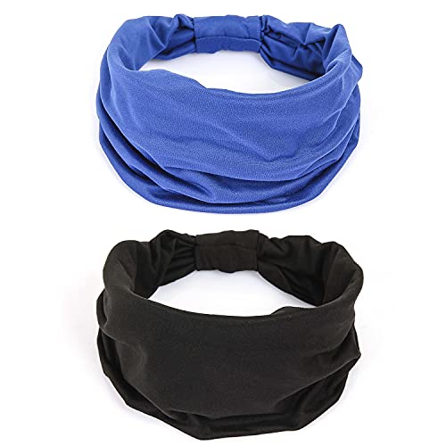 GiLi 2 Pack Wide Headbands for Women Boho African Knotted Non Slip Fashion Hair Bands Yoga Running Sports Workout Gym Head Wraps Elastic Soft Cotton Cloth Turbans Bandana for Girls(Black, Blue) - color: 2 Color (Black+Blue)