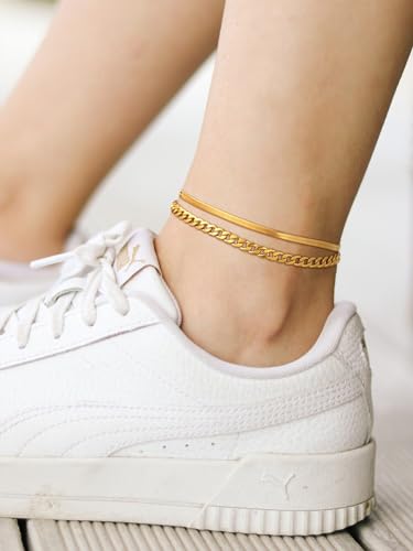 FindChic Black/Silver/Gold Plated Anklets Set of 2PCS/3PCS Herringbone Chain Cuban Link Heart Charm Sparkling Tennis Ankle Bracelets, Waterproof Summer Foot Jewelry for Beach - color: 03. Yellow-2PCS Cuban & Herringbone