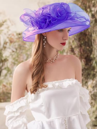 ORIDOOR Women’s Organza Church Tea Party Wedding Fascinator Derby Hat Wide Brim Sun Hats - color: D2-purple
