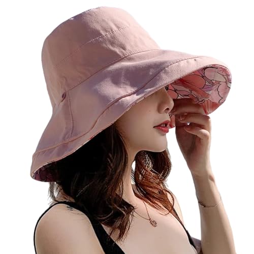 HUAMULAN Women Summer Sun Hat Wide Brim Wired Edge Floral Beach Bucket Hats Reversible Foldable Travel UV Protection Lady Hat - color: M1744-pink