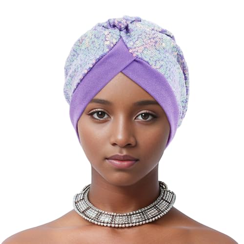 Erinaco Women Sparkle Sequin African Turban Bow Knot Pre-Tied Cap Pleated Ruffle Bonnet Beanie Hat Headwrap Skull Caps - color: Sparkle Light Purple