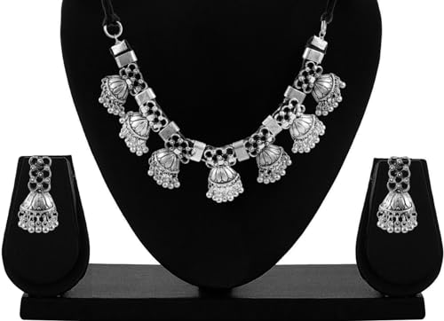 Indian Designer Statement Afghani Silver Oxidised Dual Tone Ethnic Traditional Tassel Choker Necklace Jewelry Women - color: Silver 1
