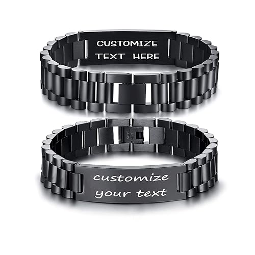 Custom Mens Bracelet Personalized Watch Band Engraved Name Bracelets for Men Customized ID Cuff Wristband Gift for Dad Husband - style: Black0 - 1.5cm