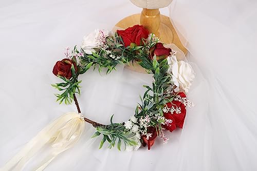 Vivivalue Bridal Flower Crown Rose Flower Headband Hair Wreath Floral Headpiece Halo Boho with Ribbon Wedding Party Festival Photos - color: C
