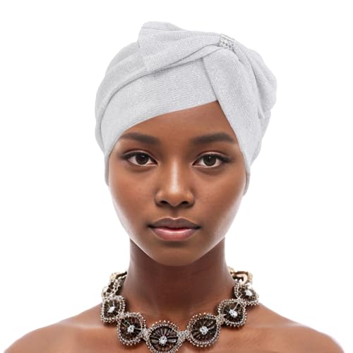 Erinaco Women Sparkle Sequin African Turban Bow Knot Pre-Tied Cap Pleated Ruffle Bonnet Beanie Hat Headwrap Skull Caps - color: Glitter White