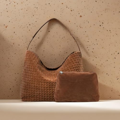Leather Woven Tote Bag for Women, Vintage Suede Woven Hobo Bag, Large Crossbody Shoulder Slouchy Handbag - color: Brown